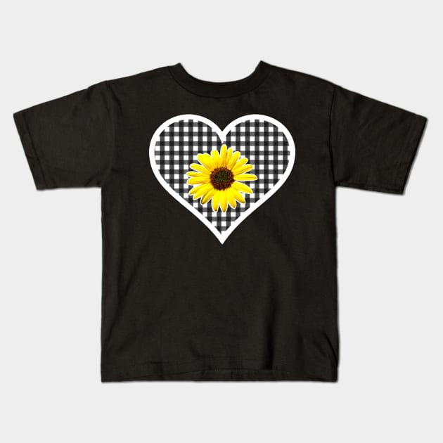 White and Black Gingham Heart with Yellow Daisy Kids T-Shirt by bumblefuzzies